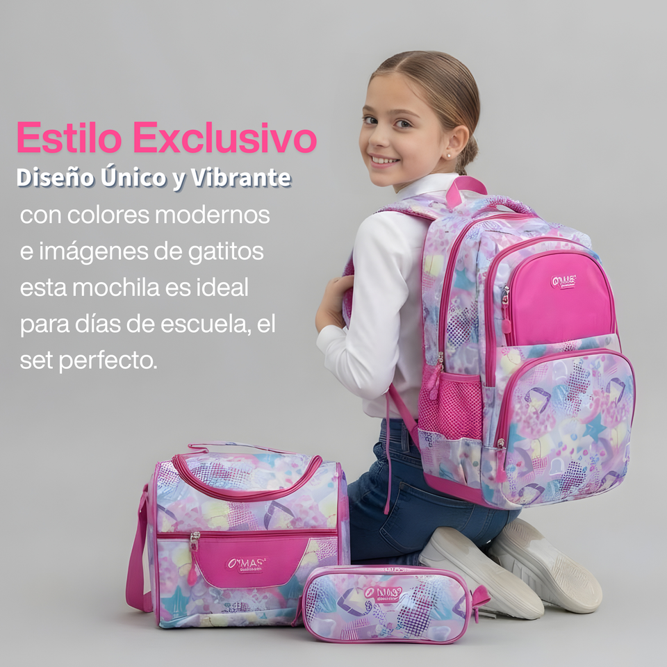 Mochila Bolso Escolar + Estuche + Lonchera 43Cm Niña Tela Oxford Pastel Dreams