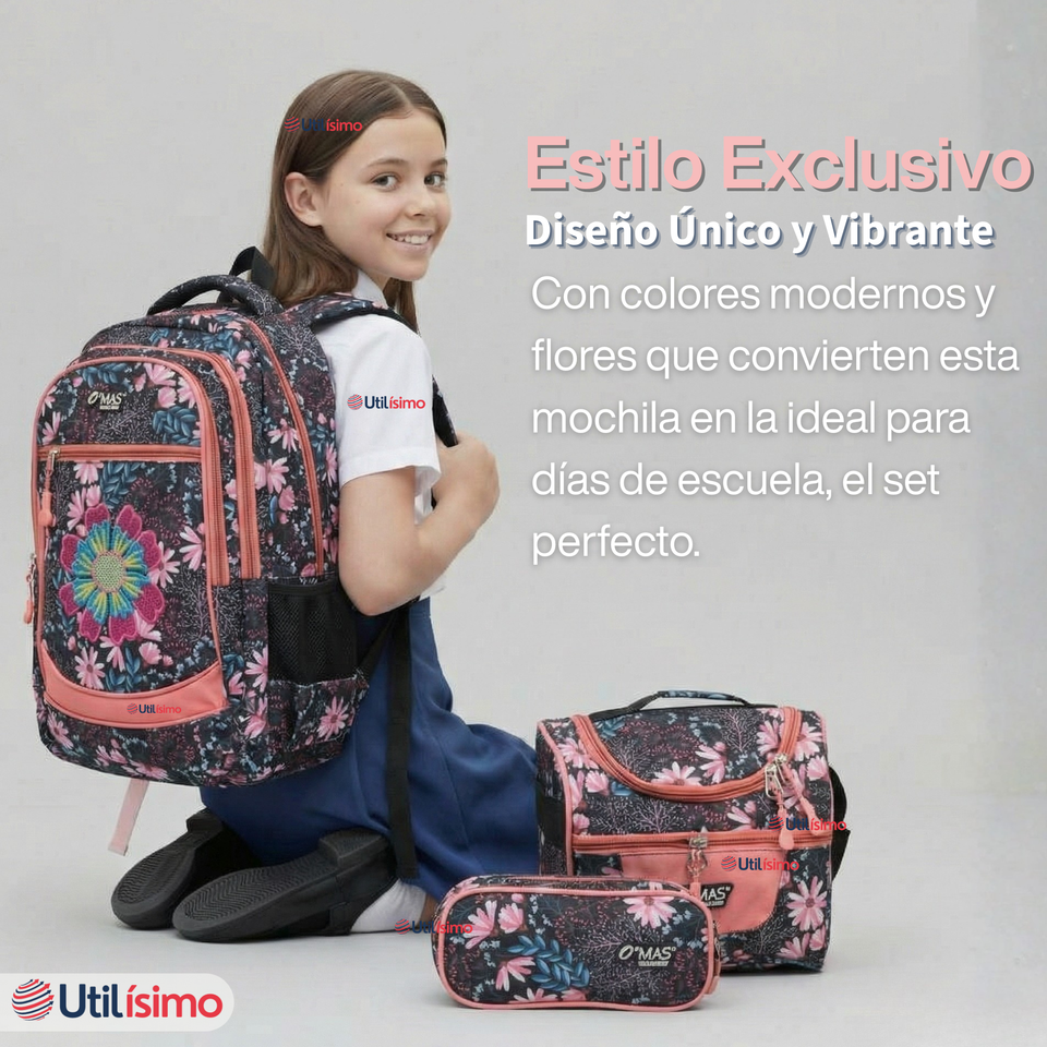 Mochila Bolso Escolar + Estuche + Lonchera 45Cm Niña Tela Oxford Night Blossom
