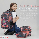 Mochila Bolso Escolar + Estuche + Lonchera 45Cm Niña Tela Oxford Night Blossom