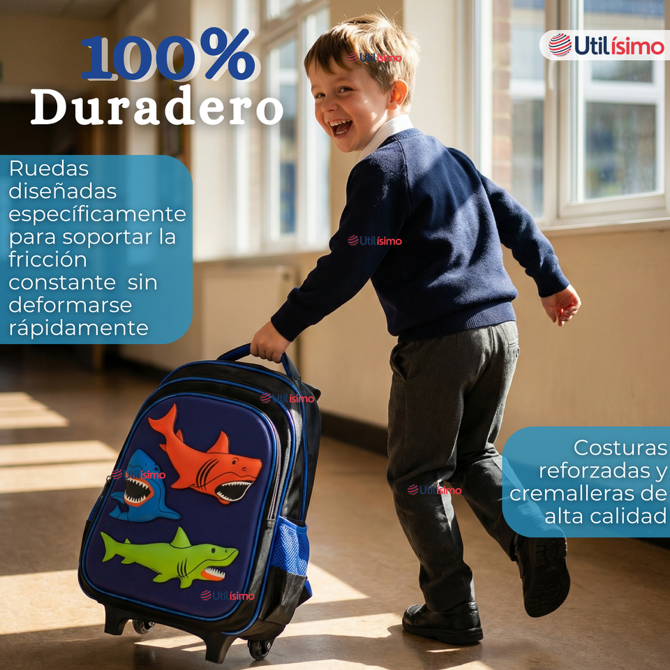Mochila Escolar Con Ruedas + Estuche + Lonchera 46cm Desmontable Poliéster Azul Tiburón Niño