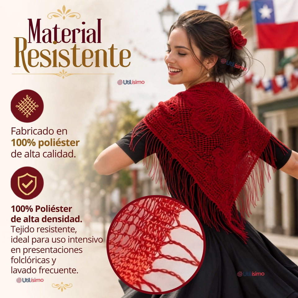 Pack 3 Puntillas Chales Traje Típico Baile Chilote Mujer  Rojo  110x51cm