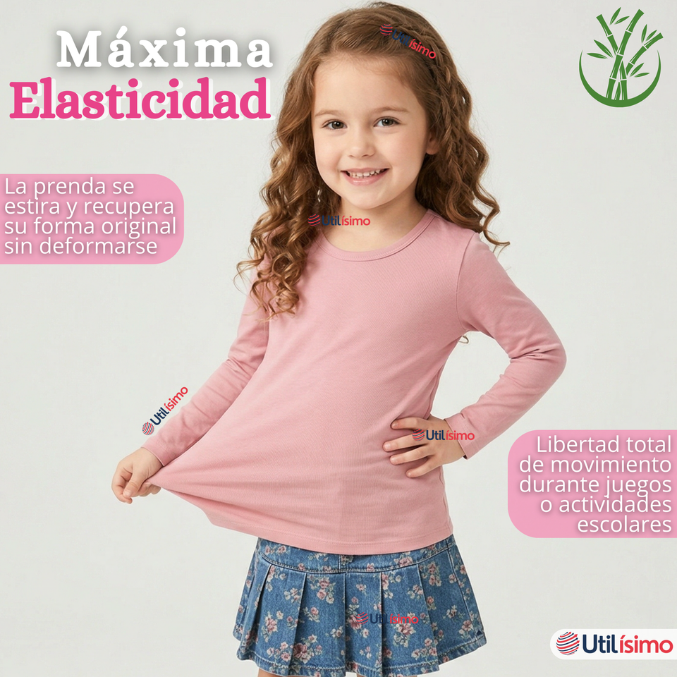 Camiseta Polera Bambú Cuello Redondo Primera Capa Manga Larga Colores Surtido Niña