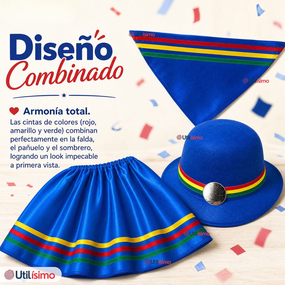 Traje Nortino Con Sombrero Niña Baile Típico 3 Piezas Fiestas Patrías Blue Beauty