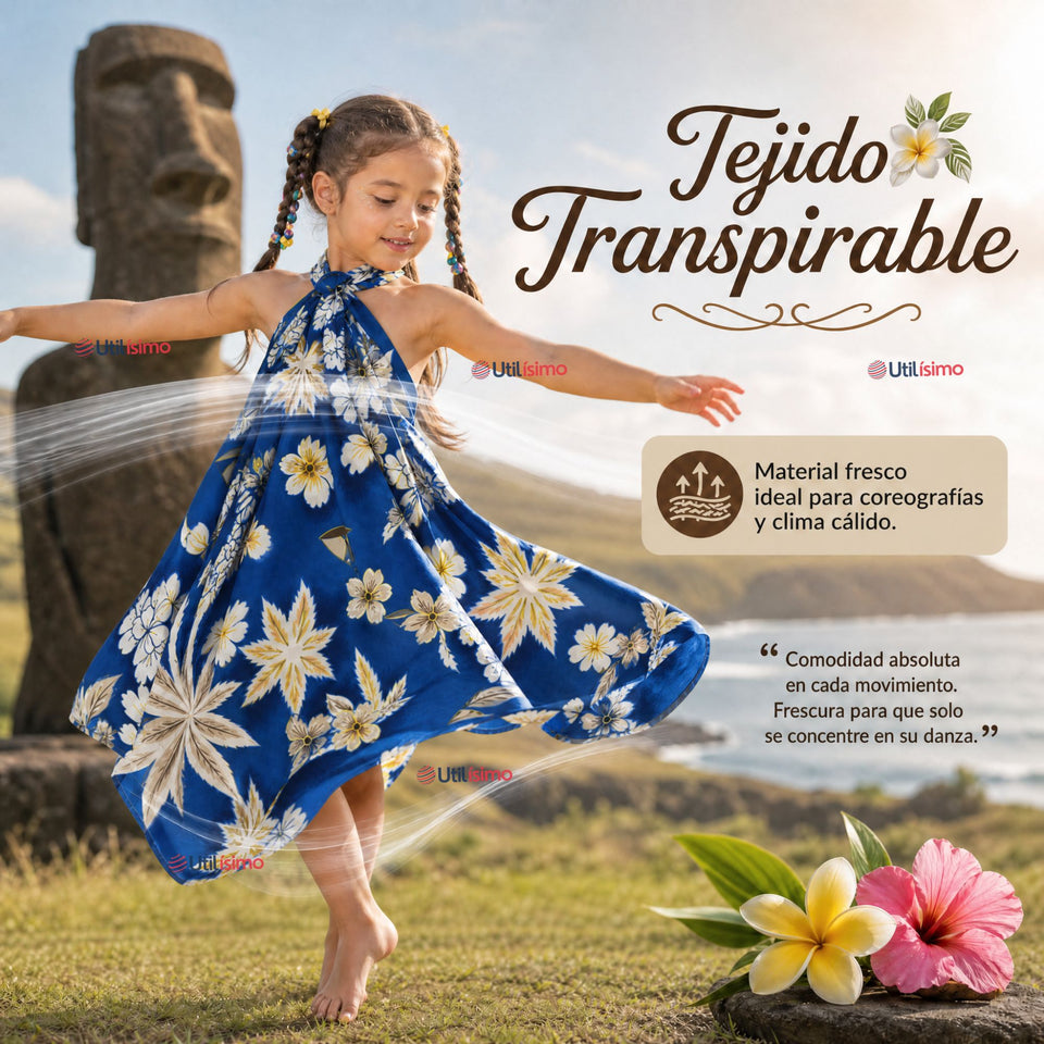 Pareo Pascuense Niña Hawaiano Azul Danza Fiestas Patrias