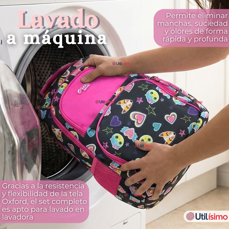 Mochila Escolar + Estuche + Lonchera 43cm Tela Oxford Negro Corazones Niña