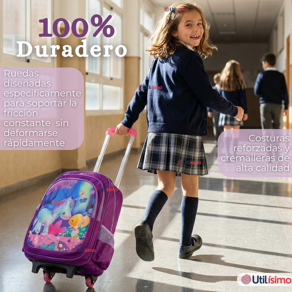 Mochila Escolar Con Ruedas + Estuche + Lonchera 46cm Desmontable Poliéster Morado Unicornio Niña