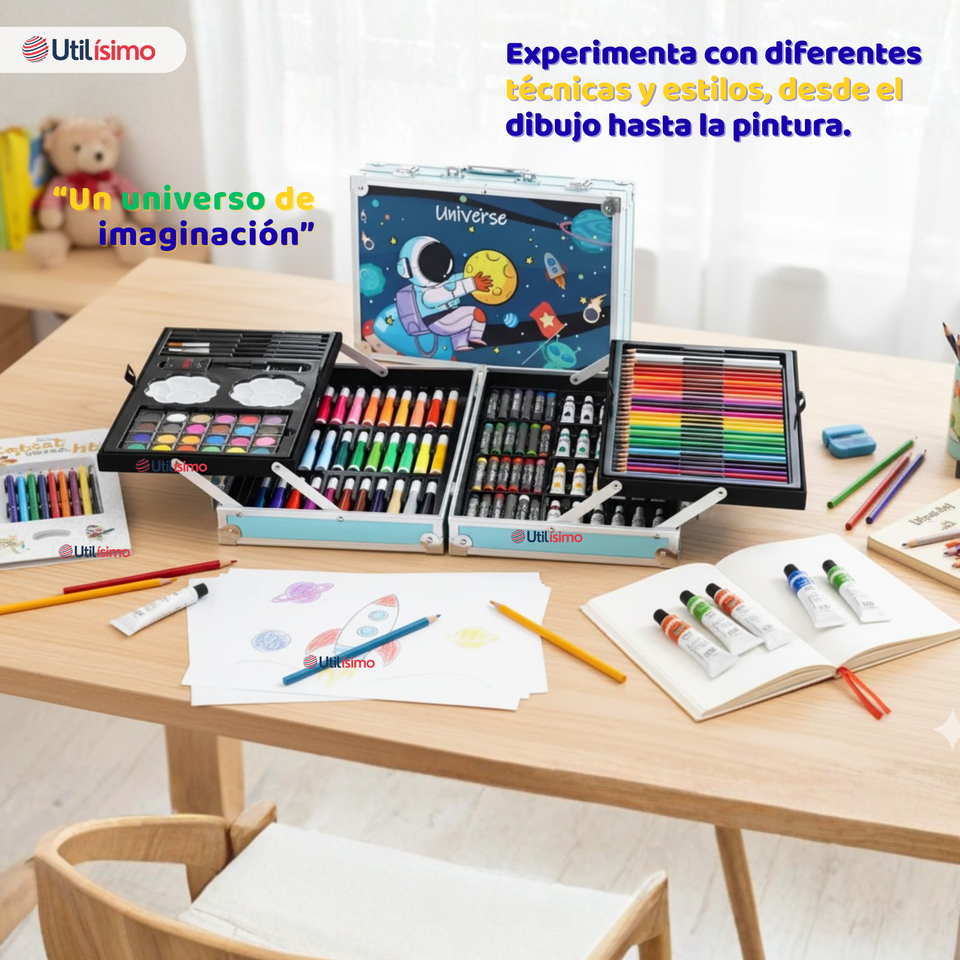 Set 145 Piezas Arte Infantil Dibujo Maletín Metálico Completo Incluye Lápices Marcadores Pinturas Pasteles Y Accesorios
