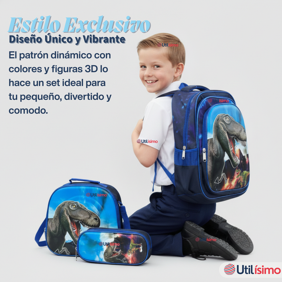 Mochila Escolar Bolso Con Efecto 3D Estuche + Lonchera 40Cm Tela Oxford Niño Dinosaur