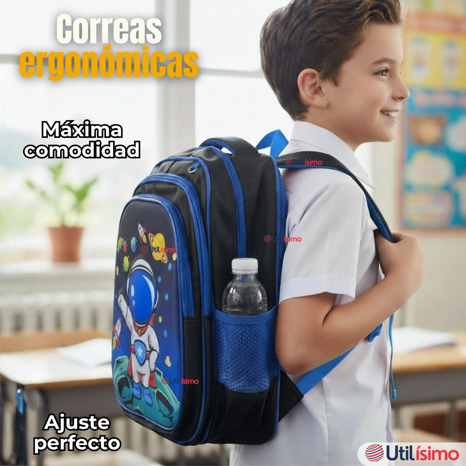Mochila Escolar Con Ruedas + Estuche + Lonchera Poliéster Astronauta Niño