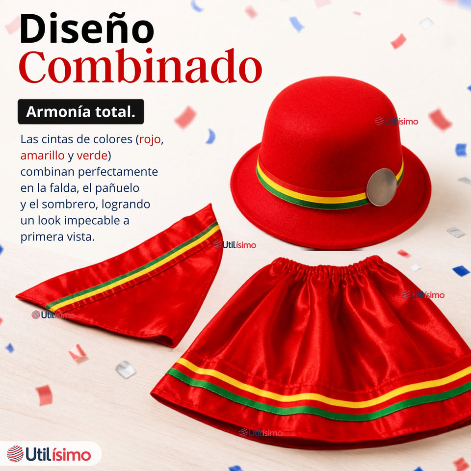 Pack 3 Trajes Nortinos Niña 3 piezas Rojos Baile Típico Fiestas Patrias