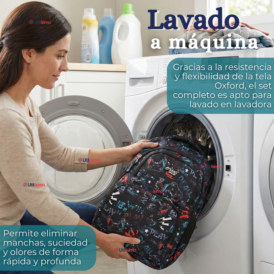 Mochila Escolar + Estuche + Lonchera 45cm Tela Oxford Estampado Gamer Niño