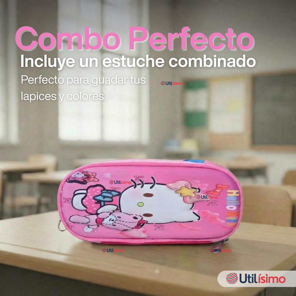 Mochila Escolar Hello Kitty Teddy Con Ruedas Desmontables + Estuche + Lonchera Niña Poliéster