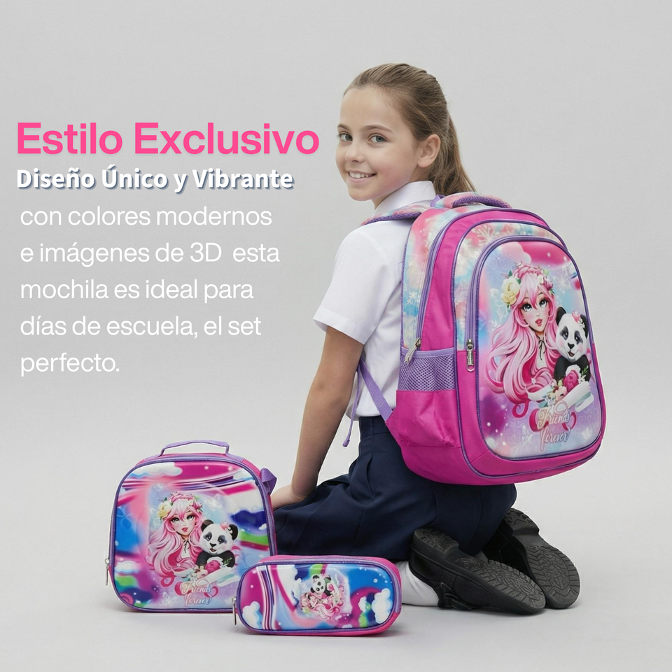 Mochila Bolso Escolar Diseño 3D + Estuche + Lonchera 40Cm Niña Tela Oxford Friends Forever