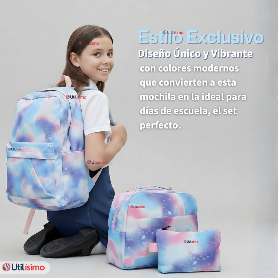 Mochila Bolso Escolar + Estuche + Lonchera 43Cm Niña Tela Oxford Lilac Galaxy