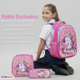Mochila Bolso Escolar Diseño 3D + Estuche + Lonchera 40Cm Niña Tela Oxford Unicorn Love