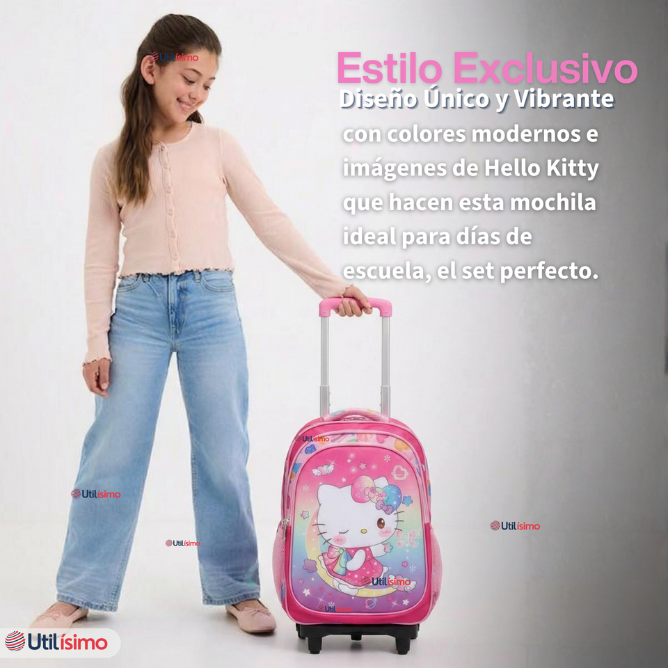 Mochila Escolar Hello Kitty Dreams Con Ruedas Desmontables + Estuche + Lonchera Niña Poliéster