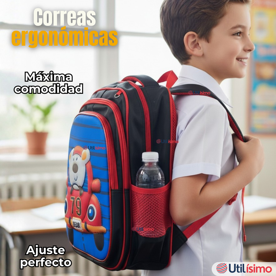 Mochila Escolar Con Ruedas + Estuche + Lonchera Poliéster Oso Niño