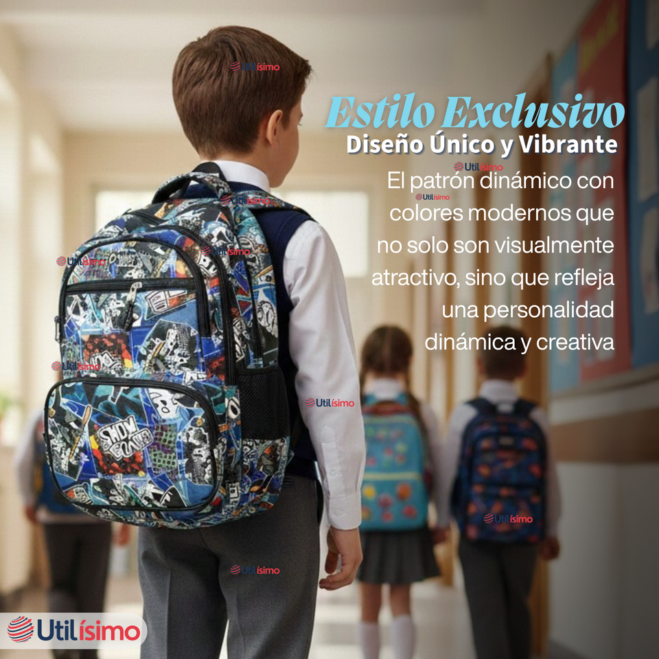 Mochila Escolar Bolso Con Estuche + Lonchera 45Cm Tela Oxford Niño Snowboard