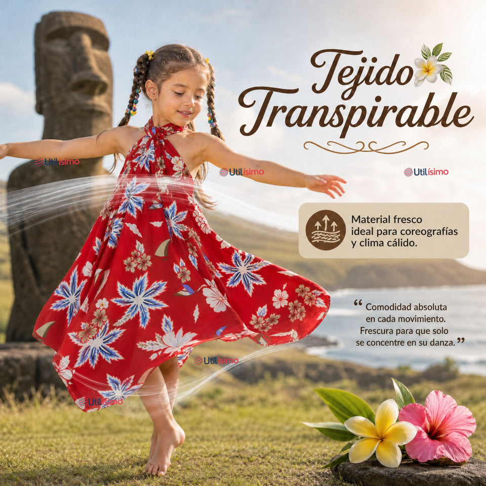 Pareo Pascuense Niña Hawaiano Rojo Danza Fiestas Patrias