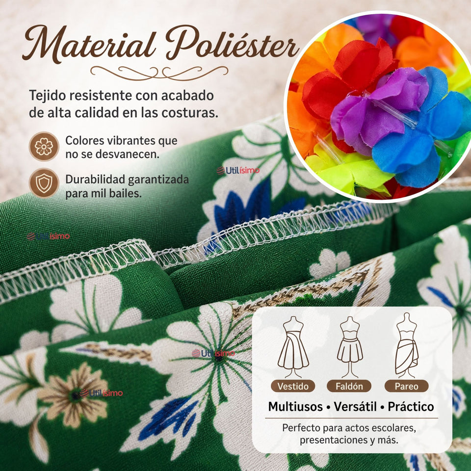 Traje Páscuense Pareo Hawaiano Verde Niña Con Accesorios