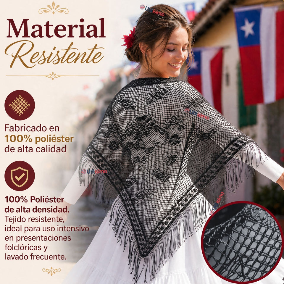 Puntilla Chal Negro Baile Chilote Mujer Traje Típico 150x79 cm