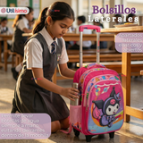 Mochila Escolar Kuromi 3D Con Ruedas Desmontable + Estuche + Lonchera Poliéster Rosa Niña
