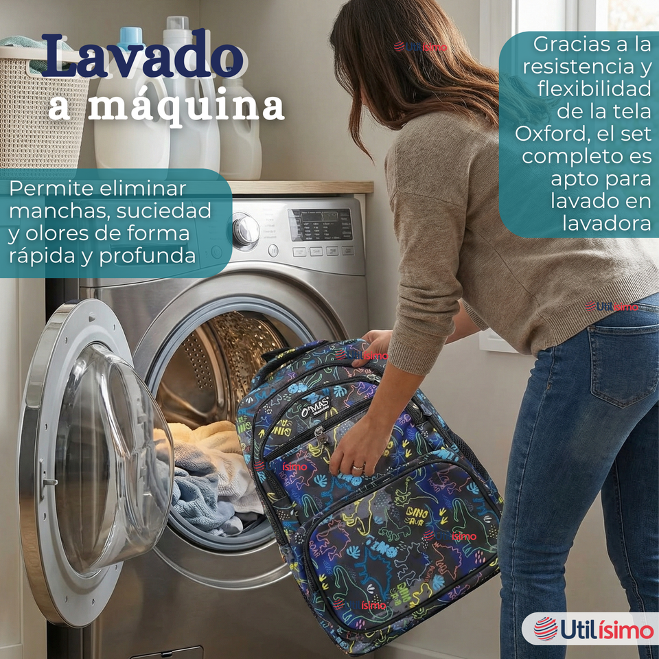 Mochila Escolar + Estuche + Lonchera 45cm Tela Oxford Estampado de Dinosaurio Niño