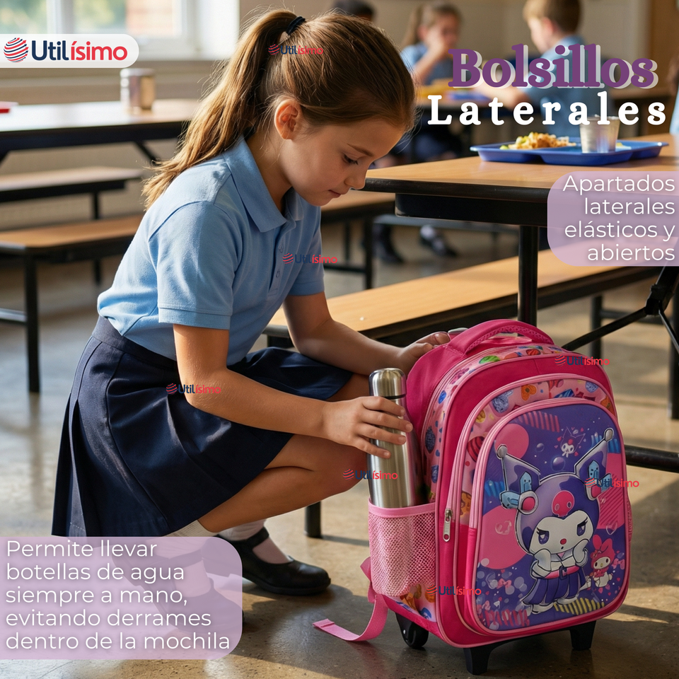Mochila Escolar Kuromi 3D Con Ruedas Desmontable + Estuche + Lonchera Poliéster Rosa Niña