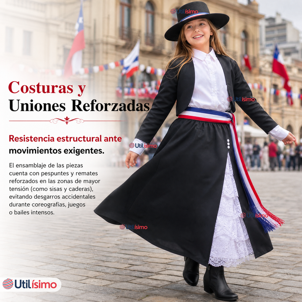 Traje Huasa Elegante NIña Conjunto 7 Piezas Tipico Fiestas Patrias