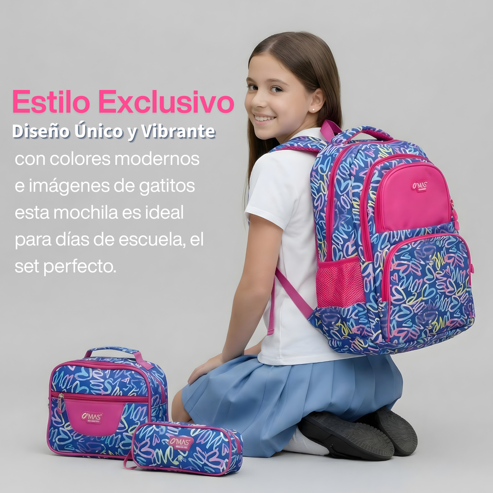 Mochila Bolso Escolar + Estuche + Lonchera 43Cm Niña Tela Oxford Love Graffiti