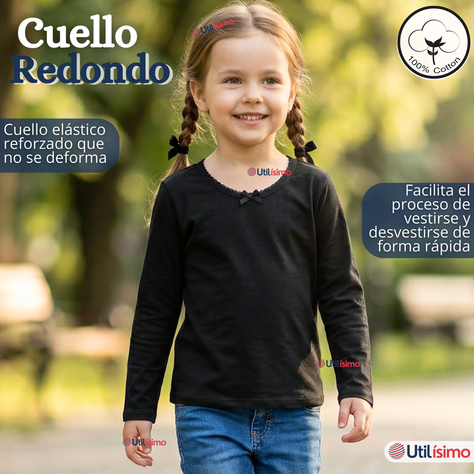 Pack 3 Camisetas Poleras Algodón Cuello Redondo Primera Capa Manga Larga Colores Surtidos Niña