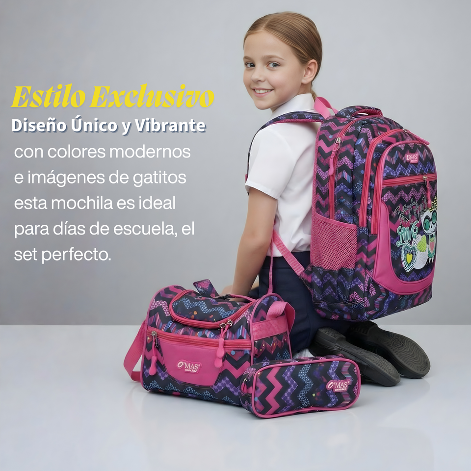 Mochila Escolar Bolso Con Estuche + Lonchera 45Cm Tela Oxford Niña Kitty Love