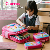 Mochila Escolar Con Ruedas + Estuche + Lonchera 46cm Desmontable Poliéster Rosa Dinosaurio Niña