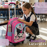 Mochila Escolar Kuromi 3D Con Ruedas Desmontable + Estuche + Lonchera Poliéster Rosa Niña