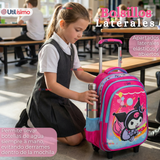 Mochila Escolar Kuromi 3D Con Ruedas Desmontable + Estuche + Lonchera Poliéster Rosa Niña
