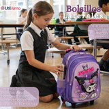Mochila Escolar Kuromi 3D Con Ruedas Desmontable + Estuche + Lonchera Poliéster Morado Niña