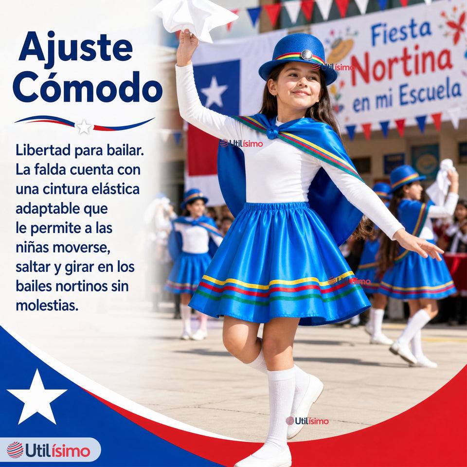 Pack 3 Trajes Nortinos Niña Azul 4 Piezas Con Poleras Baile Típico Fiestas Patrias