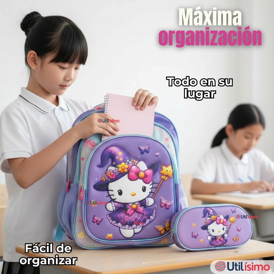 Mochila Hello Kitty Escolar Con Ruedas + Estuche + Lonchera Desmontable Poliéster Lila Niña