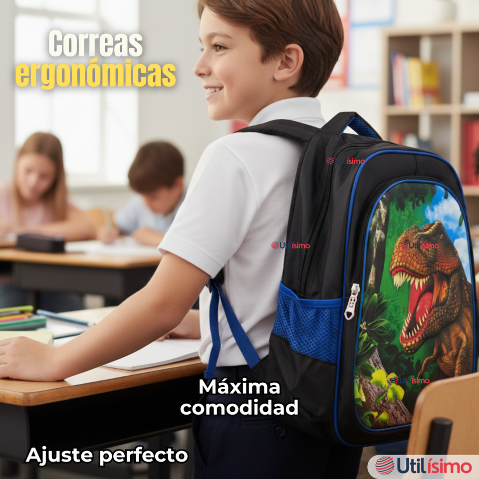 Mochila Escolar Con Ruedas + Estuche + Lonchera Poliéster Dinosaurio Niño