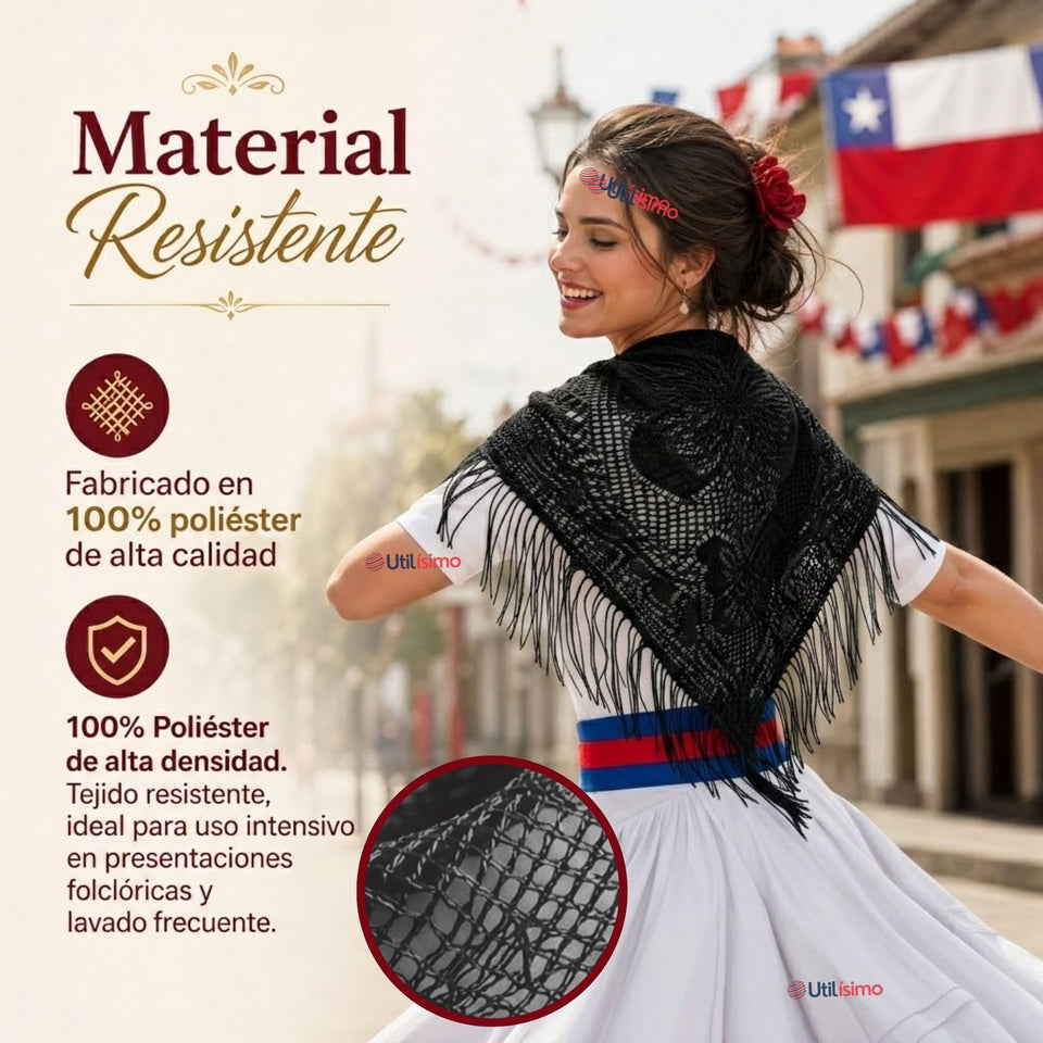 Pack 3 Puntillas Chales Traje Típico Baile Chilote Mujer Negro 110x51cm