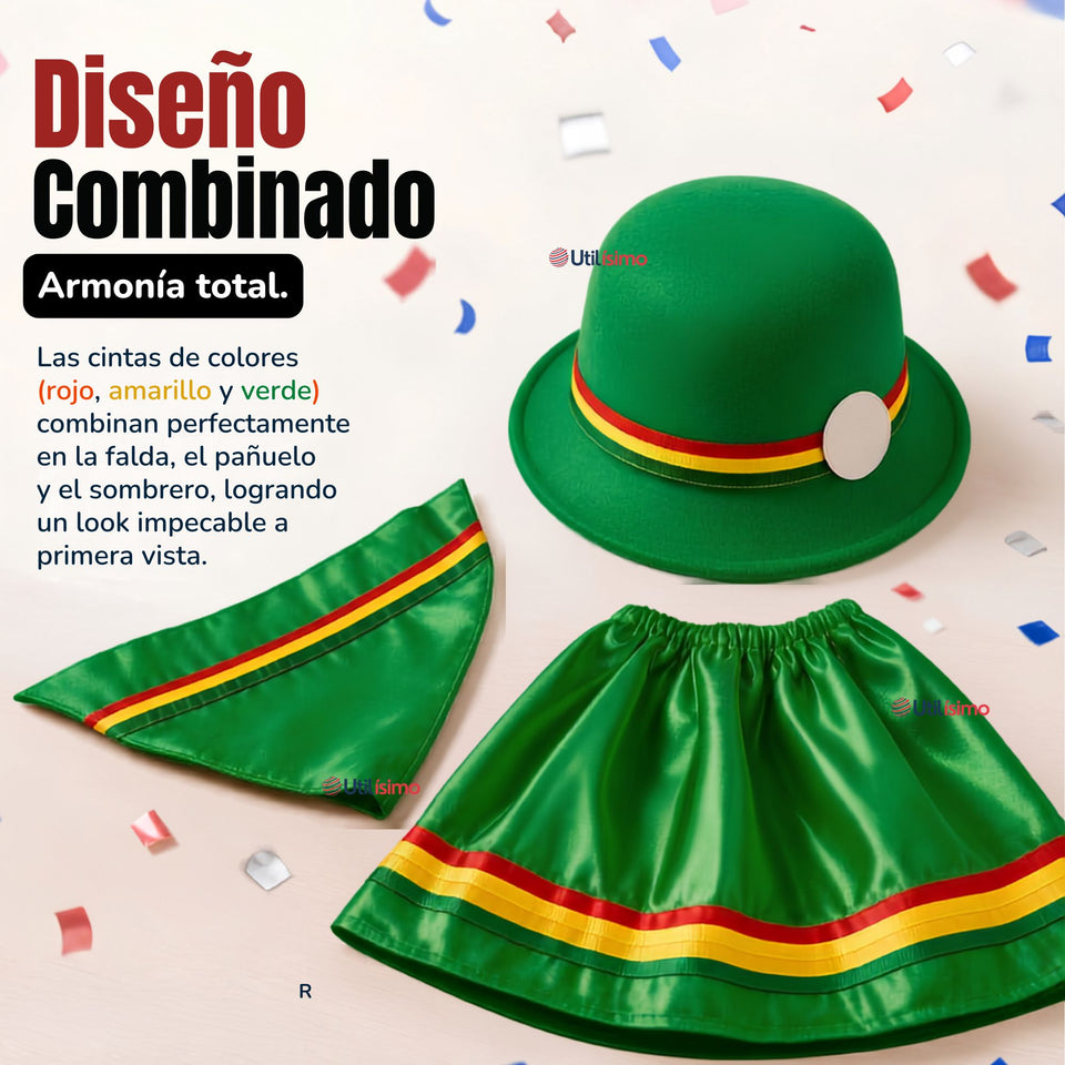 Pack 3 Trajes Nortinos Niña 3 piezas Verde Baile Típico Fiestas Patrias