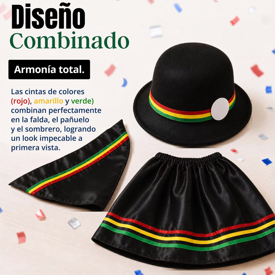 Traje Nortino Niña 3 piezas Negro Baile Típico Fiestas Patrias