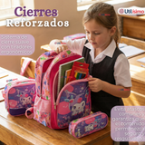 Mochila Escolar Kuromi 3D Con Ruedas Desmontable + Estuche + Lonchera Poliéster Rosa Niña