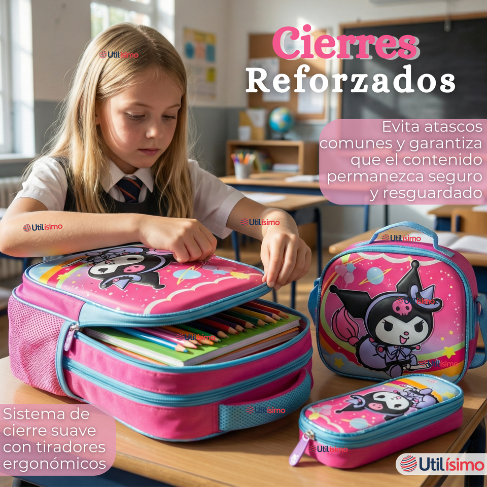 Mochila Escolar Kuromi 3D Con Ruedas Desmontable + Estuche + Lonchera Poliéster Rosa Niña