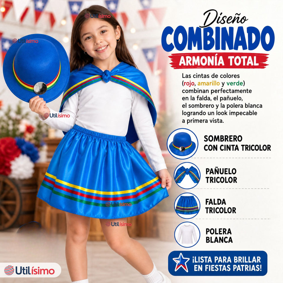 Pack 3 Trajes Nortinos Niña Azul 4 Piezas Con Poleras Baile Típico Fiestas Patrias