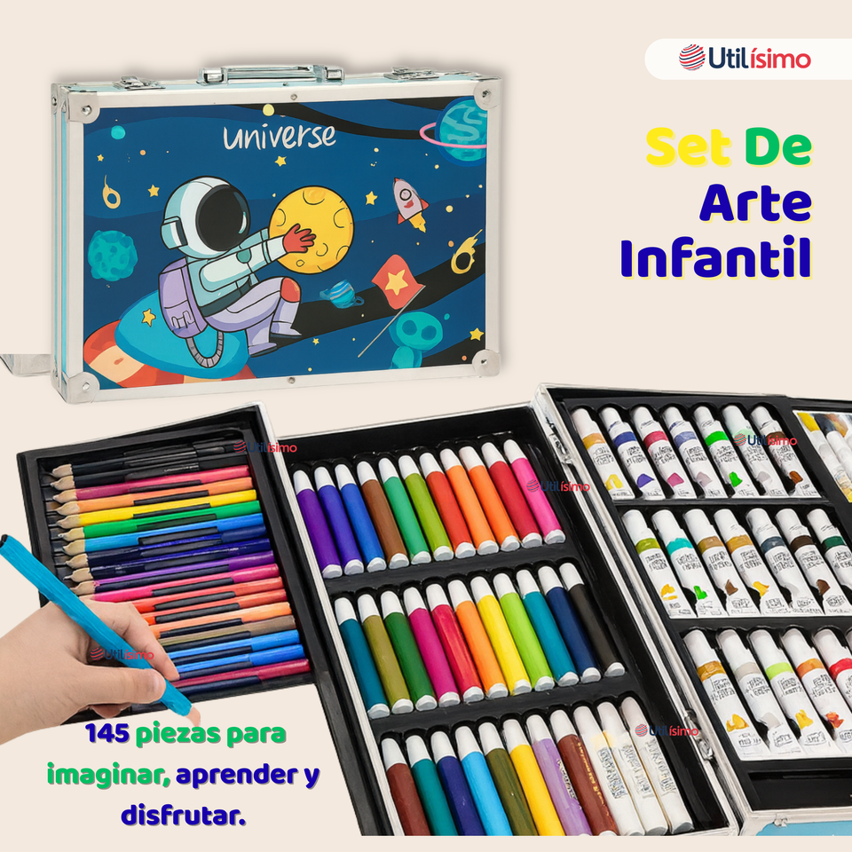 Set 145 Piezas Arte Infantil Dibujo Maletín Metálico Completo Incluye Lápices Marcadores Pinturas Pasteles Y Accesorios