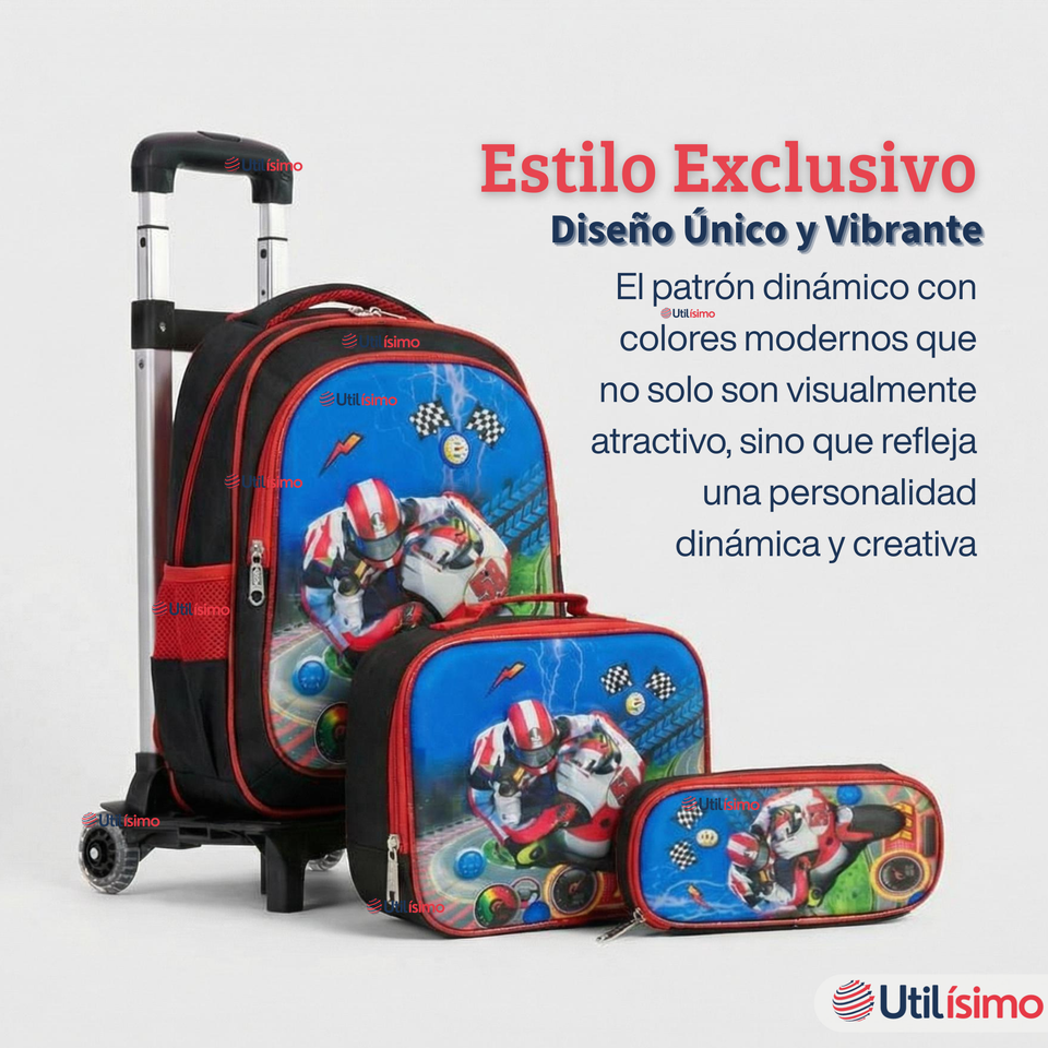 Mochila Escolar Con Ruedas Desmontables Diseño 3D + Estuche + Lonchera Niño Poliéster Motorcycle
