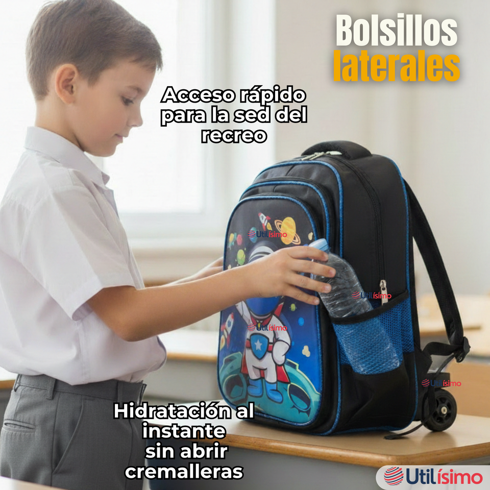 Mochila Escolar Con Ruedas + Estuche + Lonchera Poliéster Astronauta Niño