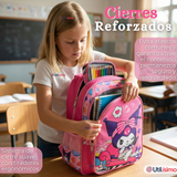 Mochila Escolar Kuromi 3D Con Ruedas Desmontable + Estuche + Lonchera Poliéster Rosa Niña