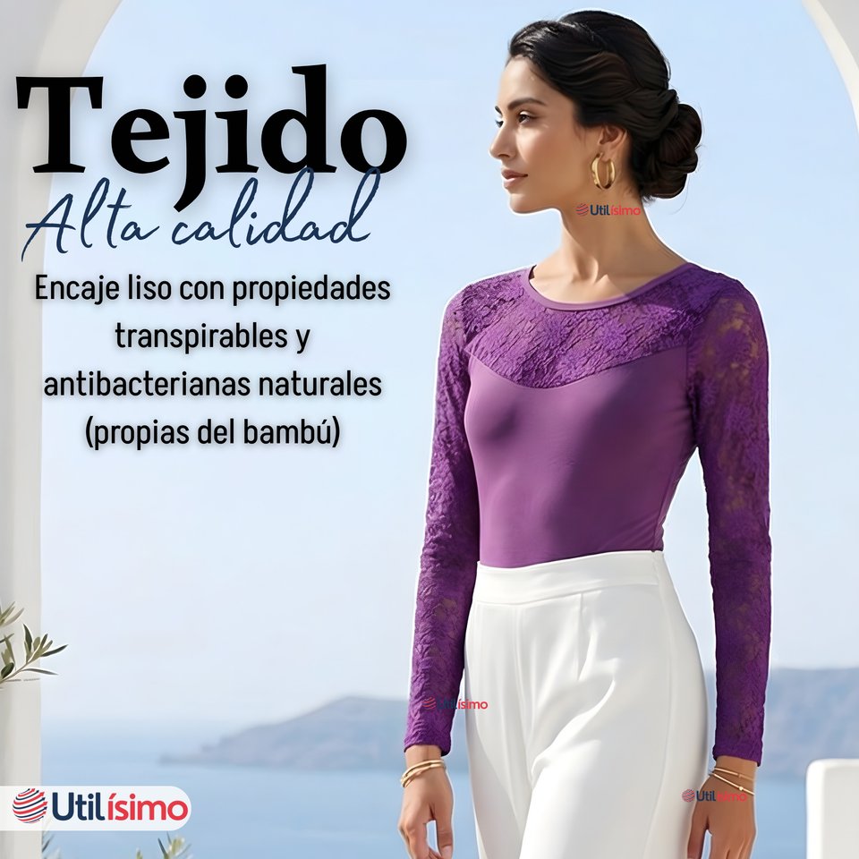 Body Manga Larga Con Encaje Bambú Mujer Colores Surtidos